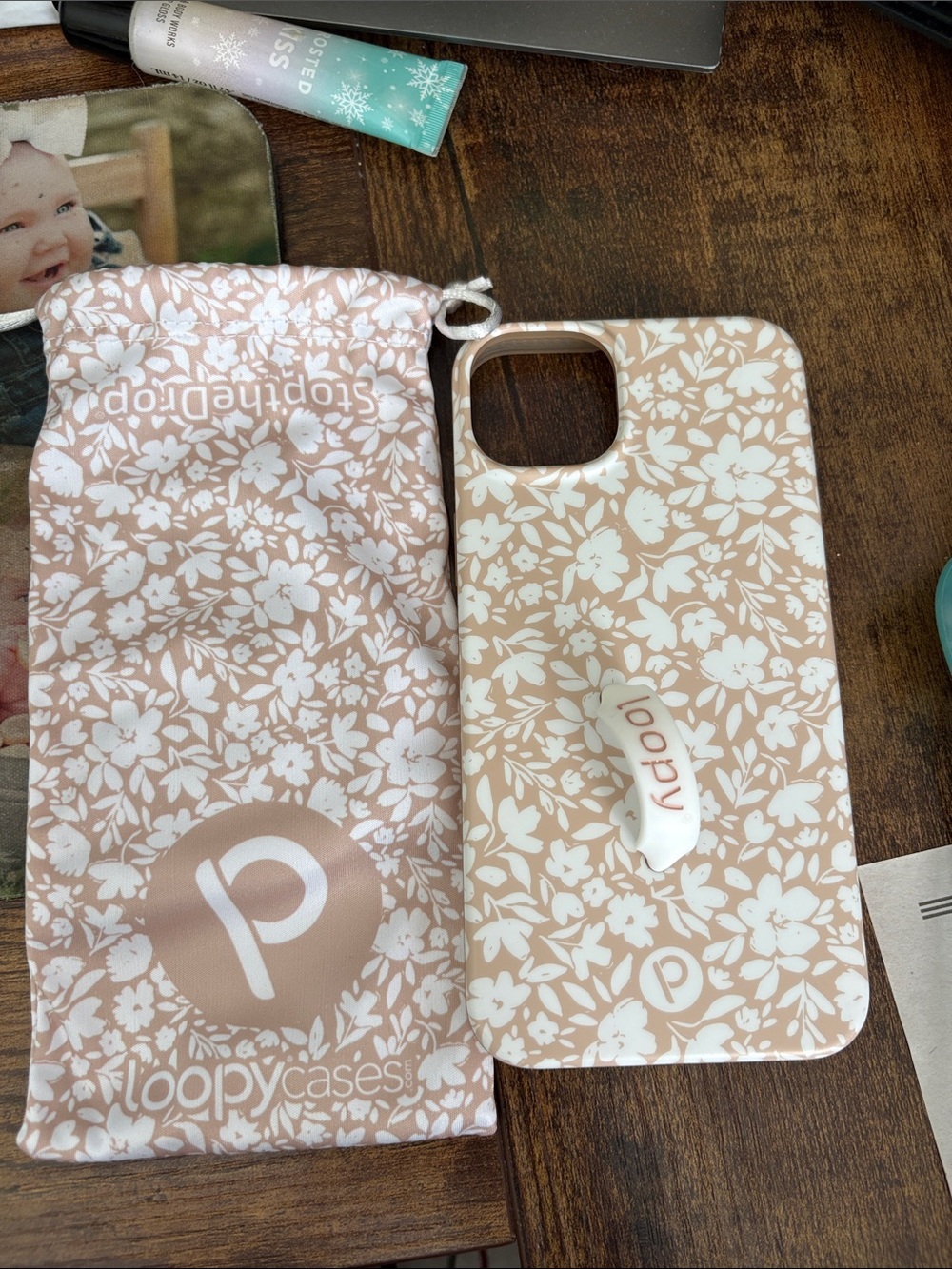 Loopy Case Beige Floral iPhone 12 Pro Max Case with White Loopy Grip